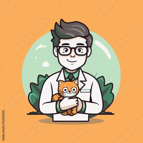 Veterinarian with a cat. Vector illustration in cartoon style.