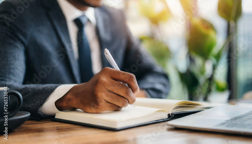 writing in sunlight with a pen, capturing the essence of concentration and creativity in a bound notebook