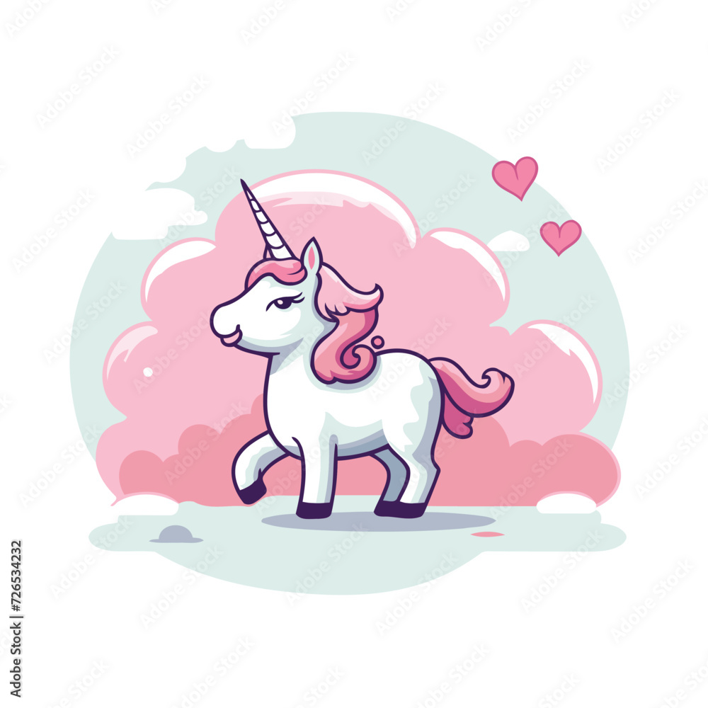 Cute cartoon unicorn with pink clouds and hearts. Vector illustration.