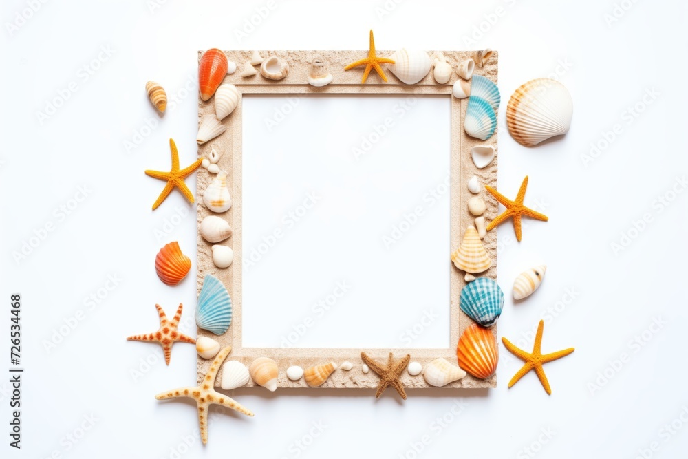 Fototapeta premium a photo frame with seashell details on a white surface