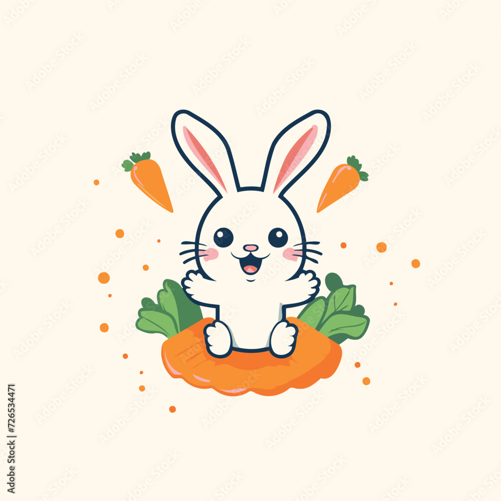 Cute bunny with carrot. Vector illustration in cartoon flat style.