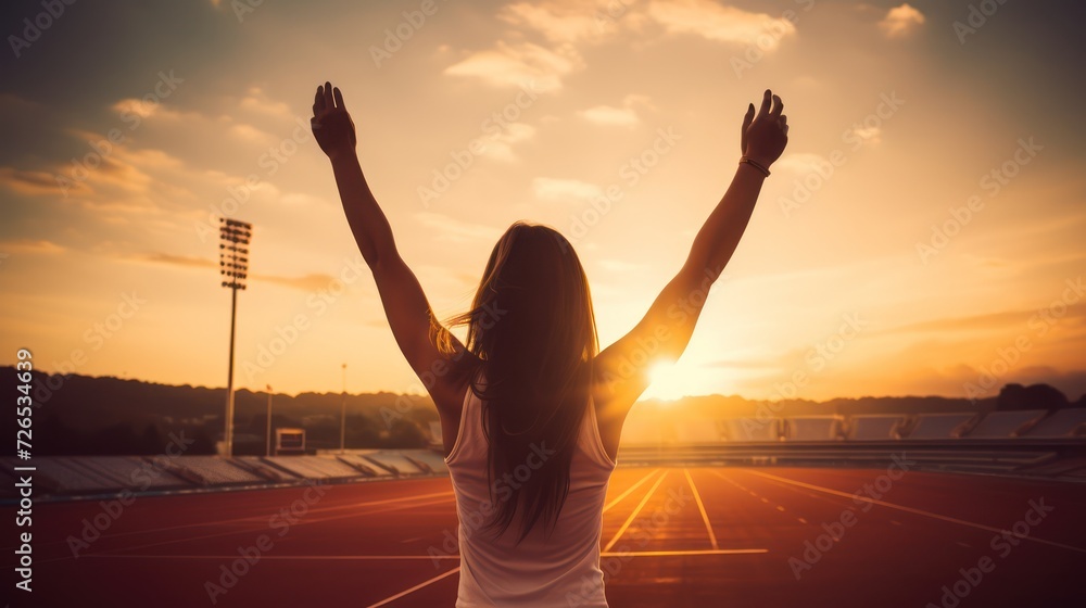 young woman running at a stadium at sunset