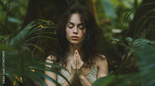 In the lush jungle, a sensual young woman finds solace in meditation, her eyes closed in serene contemplation. With palms pressed together in a Namaste gesture