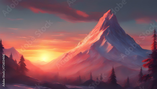 Beautiful sunset over the mountain digital art, painting. © iqra