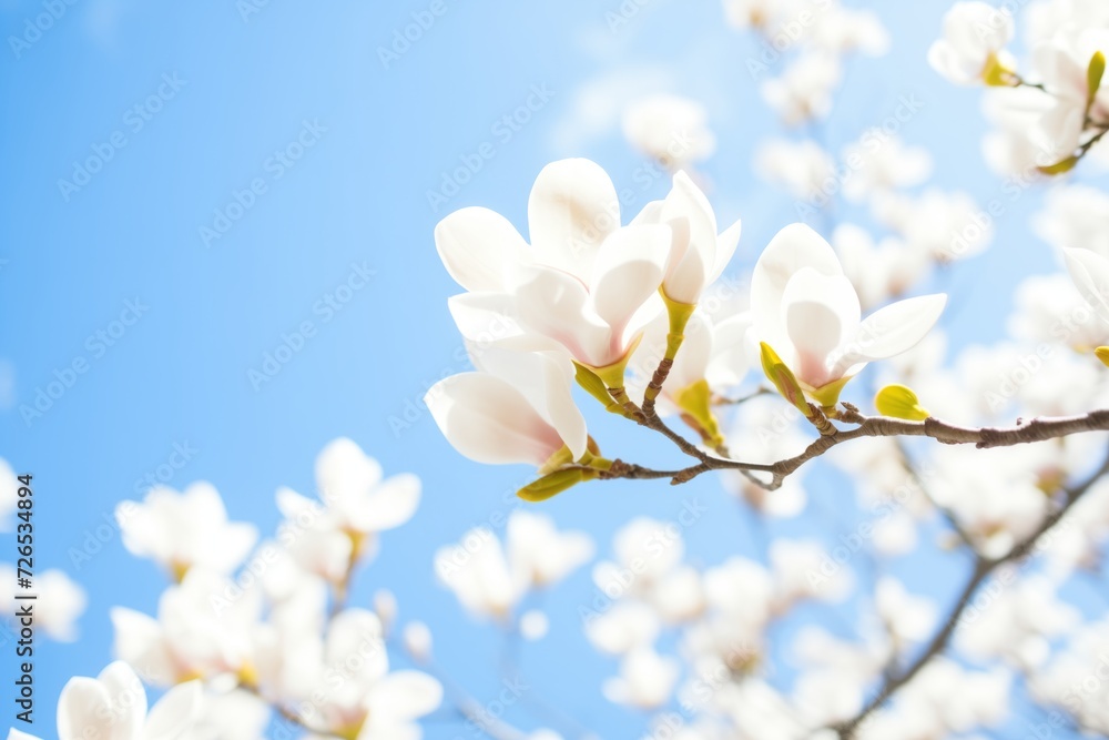 focus on white magnolia flowers against a blue sky background