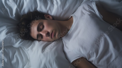 youth resting with his face closed while asleep in a white bed