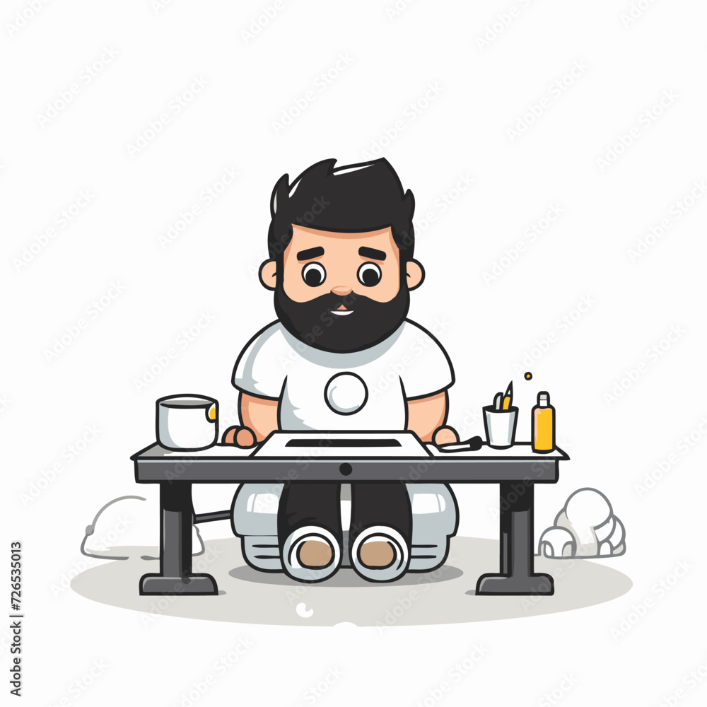 Man sitting at table and drinking coffee. Vector illustration in cartoon style.