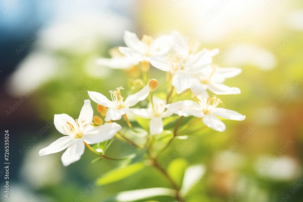 close-up shot of blooming white jasmine flowers under sunlight close-up shot of blooming white jasmine flowers under sunlight