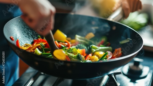 person mixing vegetables with a wok on a stovetop, in the style of dark yellow and emerald