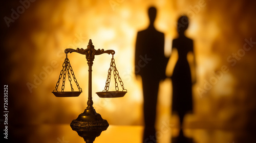 Justice scales against a couple, symbolizing family law. It embodies the legal balance crucial in marital, divorce, and custody matters, highlighting the need for impartiality in family-related legal  photo