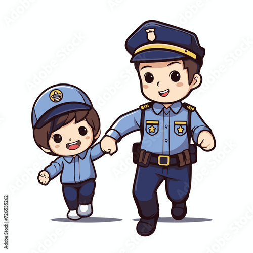 Cute little boy and policeman in police uniform. Vector illustration.