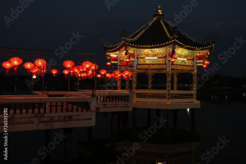 Hanging lanterns during Chinese New Year festival.