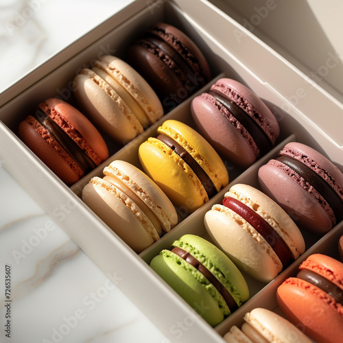 sleek, minimalist setting showcasing a luxurious box of colorful macarons The image captures the delicate texture and subtle elegance of the macarons, making them an irresistible gift of sweetn photo
