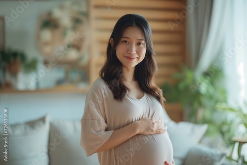 9 month pregnant happy Asian woman wears beige dress touching her belly at home Free Download 9 month pregnant happy Asian woman wears beige dress touching her belly at home - GFXLoad