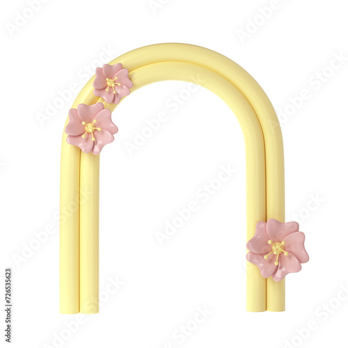 3d rendering of plaster yellow molds arch with pink flower. Minimalistic spring display. Stylish aesthetic transparent showcase, mock up for the exhibitions, presentation of products and goods