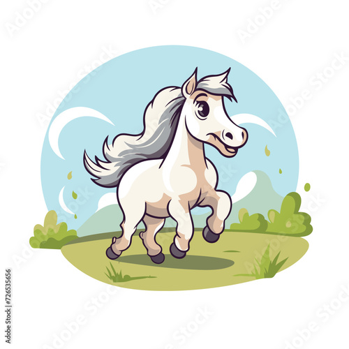 Cute white pony standing on the grass. Cartoon vector illustration.