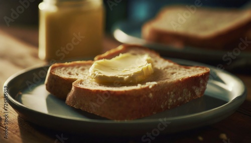 Fresh bread slice with butter on plate. Tasty breakfast on wooden kitchen table.