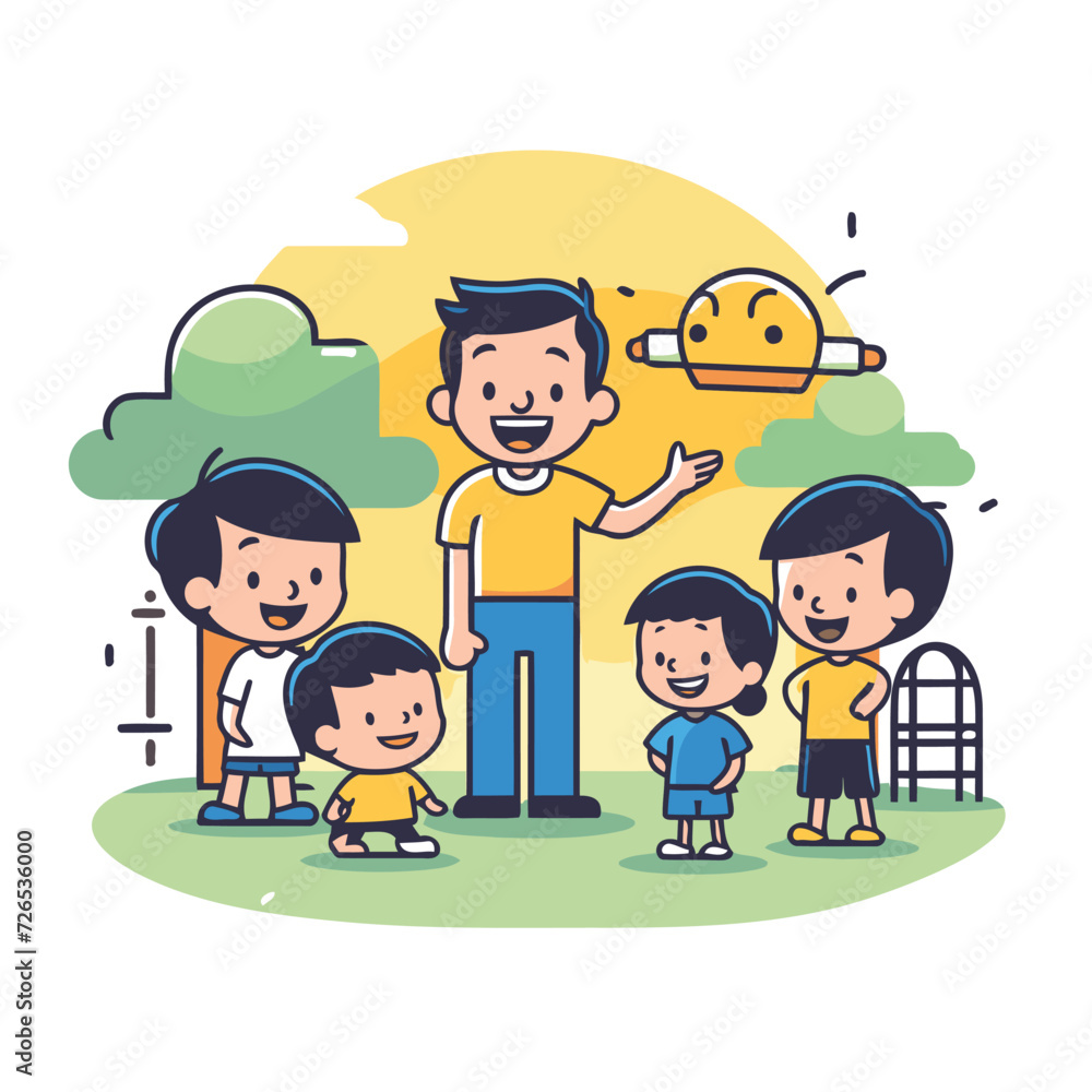 father with kids and robot in the park vector illustration eps 10
