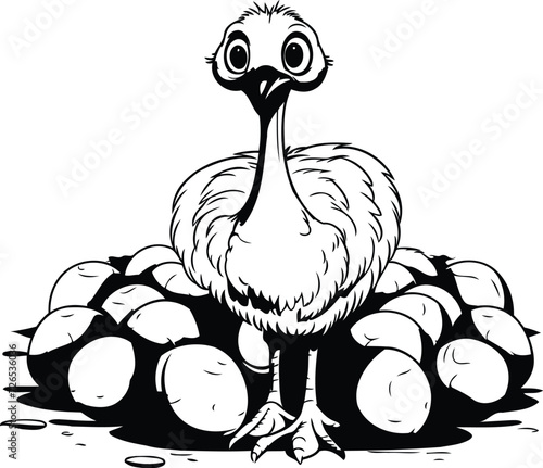 illustration of ostrich in black and white on a white background