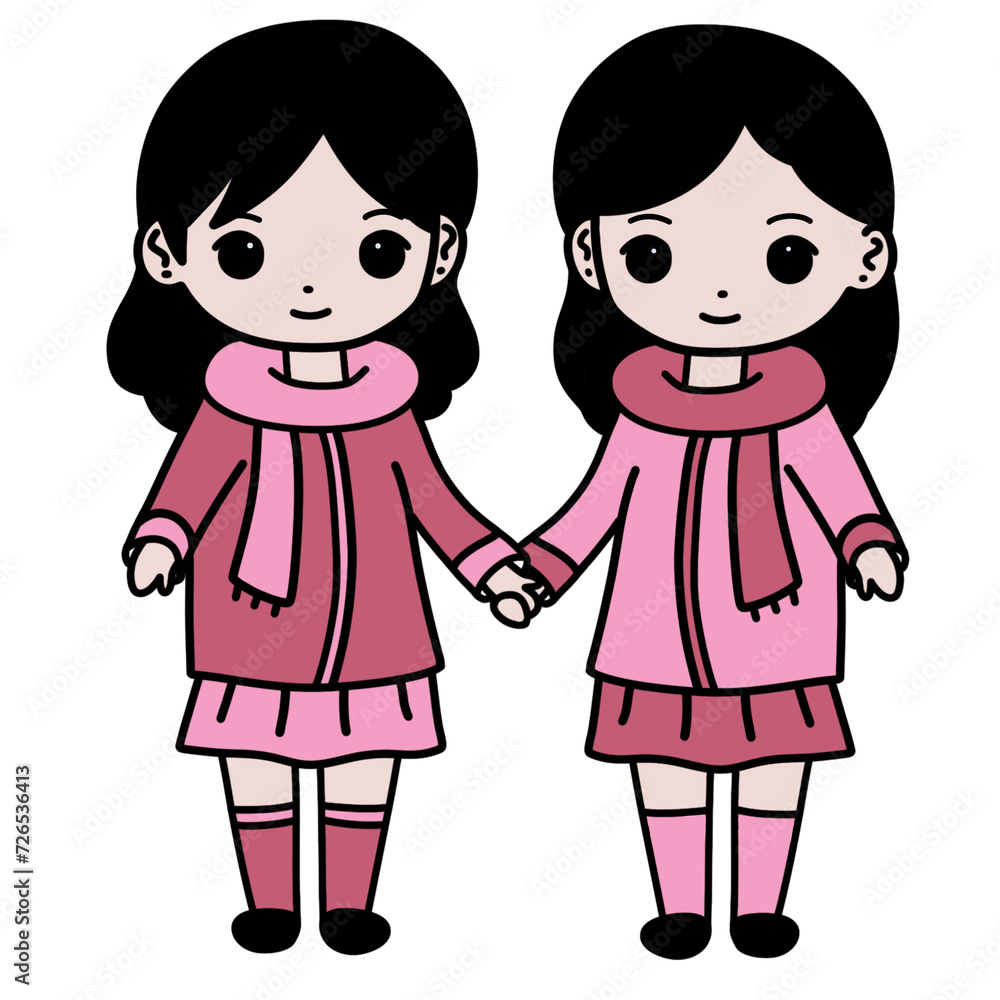 Two cartoon girls in pink clothes holding hands, cute illustration Two cartoon girls in pink clothes holding hands, cute illustration