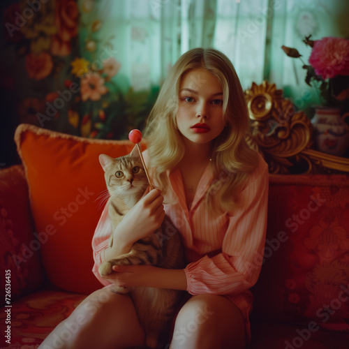 Sexy girl sitting on the divan and holding a lollipop next to a cat sitting