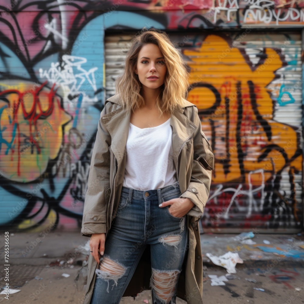 Naklejka premium A woman standing in front of a graffiti covered wall.