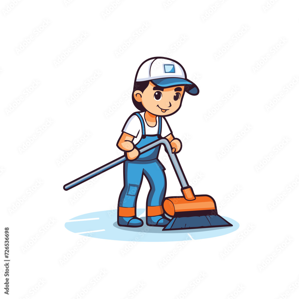 Cleaning service worker with broom. Vector illustration in cartoon style.