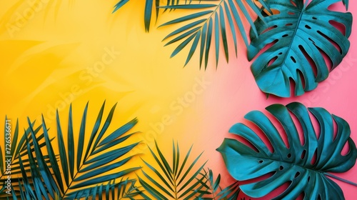 beautiful tropical leaves with summer style on a blue, pink and yellow background,