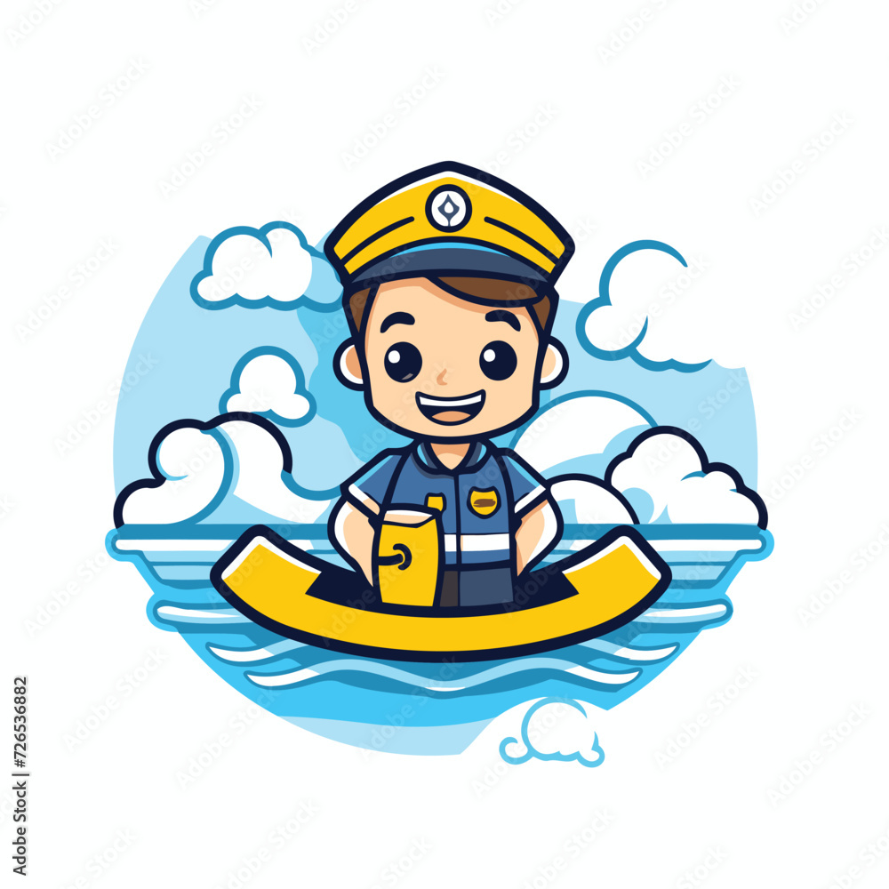 Cute sailor boy in a boat on the sea. vector illustration