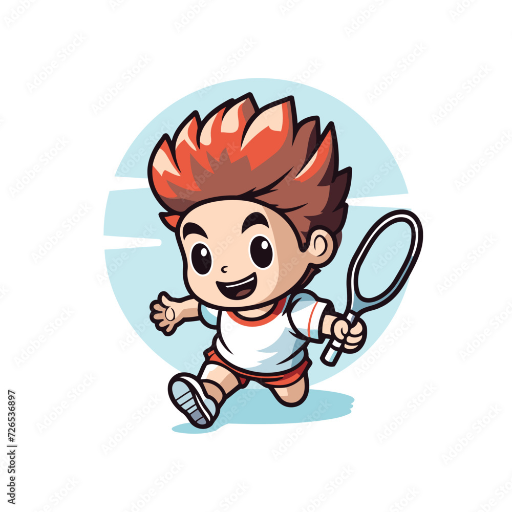 Fototapeta premium Boy playing badminton cartoon vector clipart. Vector illustration.