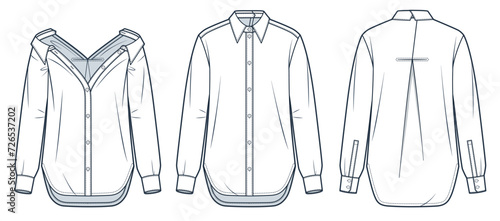 Classic Shirt technical fashion Illustration. Basic Shirt with front and back button closure fashion technical drawing template, transformer, front, back view, white, women, men, unisex CAD mockup set
