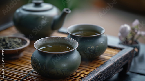 Close-up of a tea ceremony, with selective focus and no people. Every detail of this tranquil scene is meticulously captured, portraying the essence of a serene and artful tea ritual