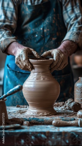 an experienced potter sculpts a beautiful vase on a pottery wheel, his hands are covered with wet clay, vertical
