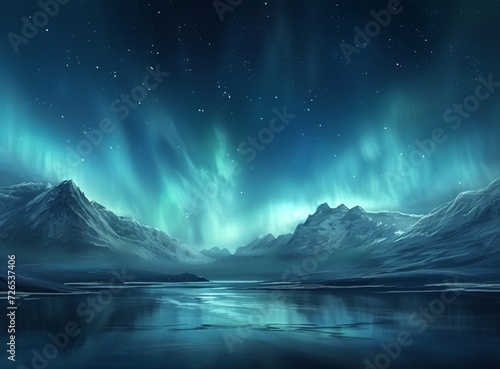 Northern Lights over snowy mountains, reflected in a calm lake.