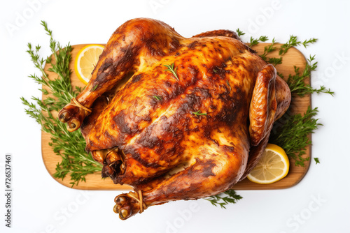 Whole roasted chicken against white background. Grilled chicken on dish.