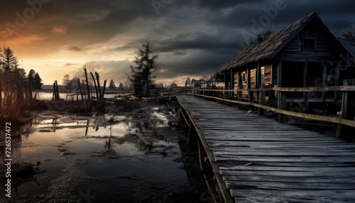 Rustic Charm: Pier, Swamp, Cottage/Cabin, and Dark Sky Background
