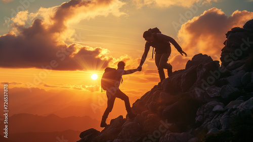 Two guys are hiking in the mountains, one reaches out his hand and helps the other climb up the rock against sunset