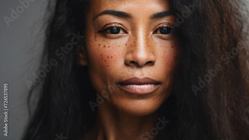 Close-up of the face of a black woman over 40 years old, sad look, freckles on the face. photo