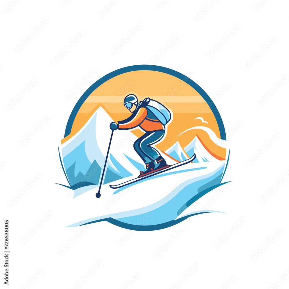 Skiing in mountains. Vector illustration of a skier skiing in the mountains.