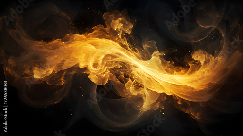 Image of puffs of golden smoke in a dynamic and exciting composition on a dark background with copy space. Abstract smoke and fog cloud on black background, fire design and darkness concept