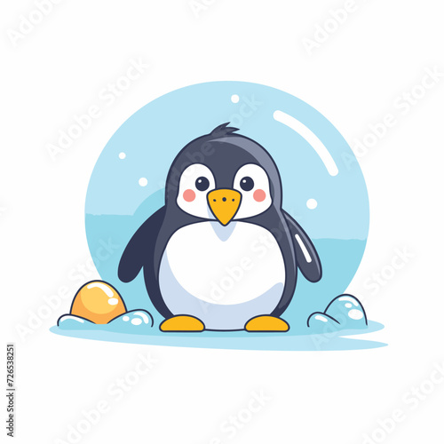 Cute penguin in the snow. Vector illustration. Cartoon character.