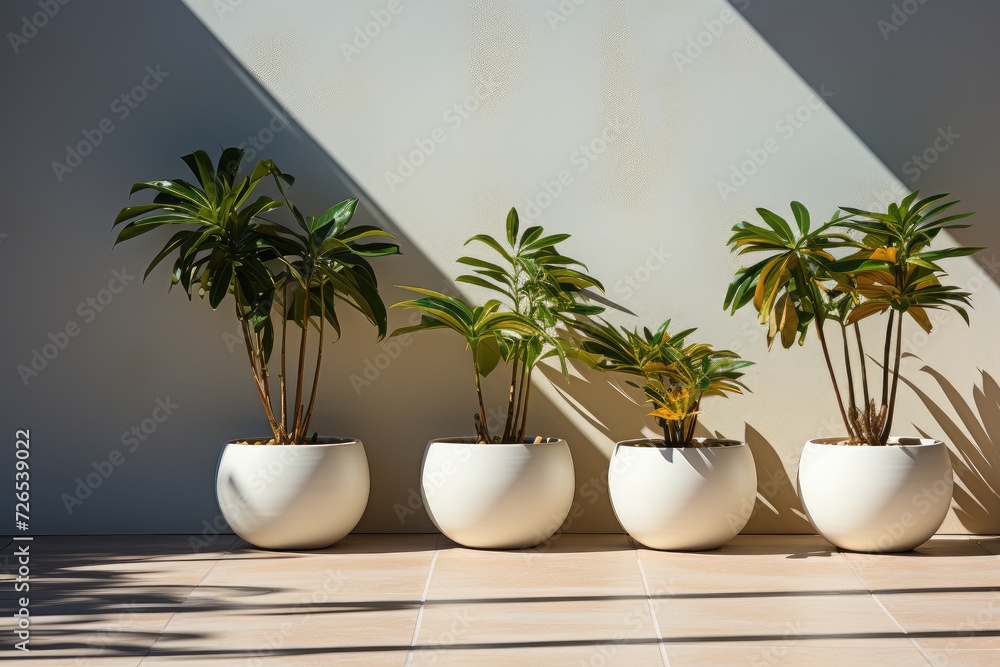 minimalist garden with several plants located in white pots on white background. minimalist garden with several plants located in white pots on white background.