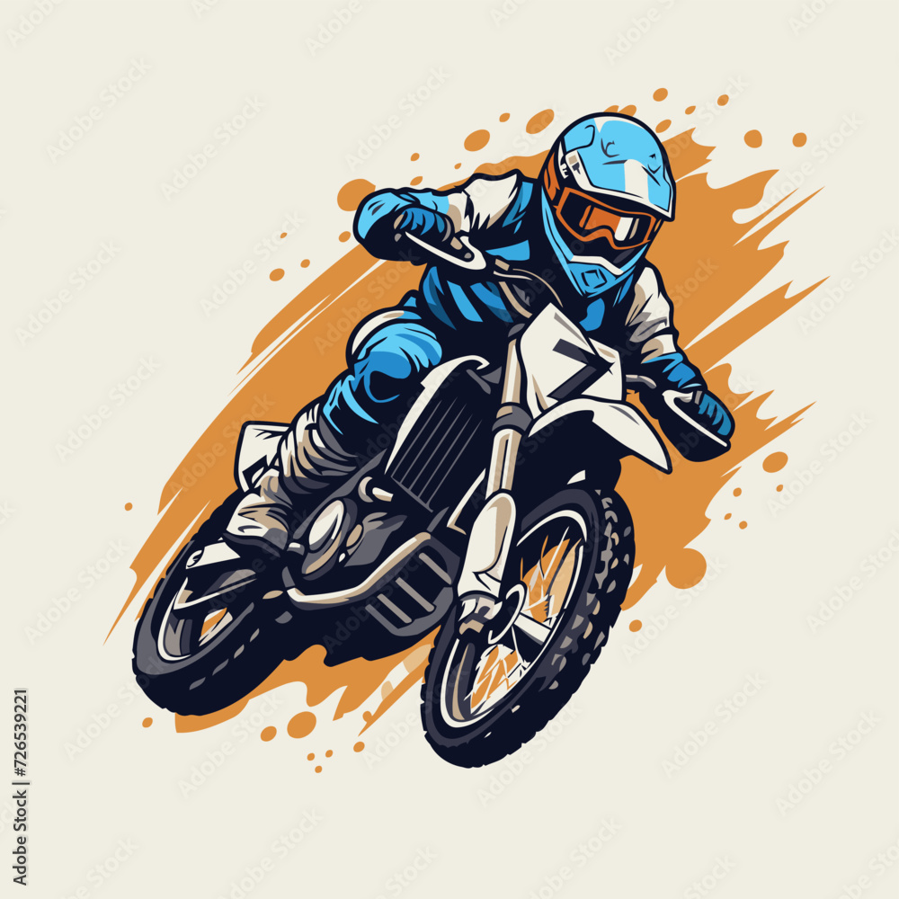 Motocross rider in helmet and helmet. Vector illustration of a motorcyclist on a motorcycle.