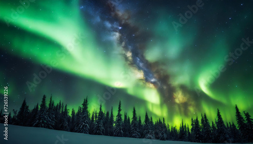 night sky with vibrant green aurora borealis dancing amidst a canvas of stars, creating a magical and captivating celestial display © Your Hand Please