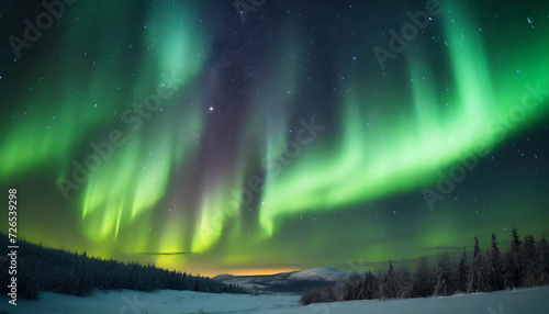 night sky with vibrant green aurora borealis dancing amidst a canvas of stars, creating a magical and captivating celestial display © Your Hand Please