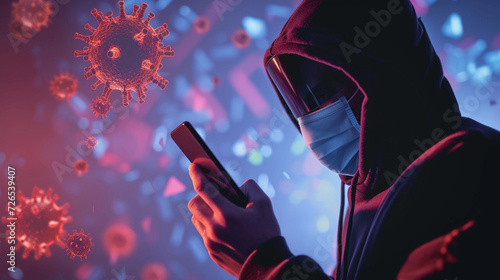 Illustration of a smartphone user facing a virus attack warning, representing the dangers of internet navigation