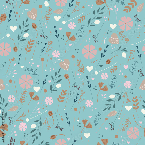 Seamless vector pattern, abstract, whimsical and dry flowers. Surface floral design, small plant, flowers, leaves, twigs