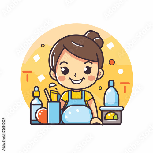 Cute little girl cleaning the house. Colorful flat vector illustration.