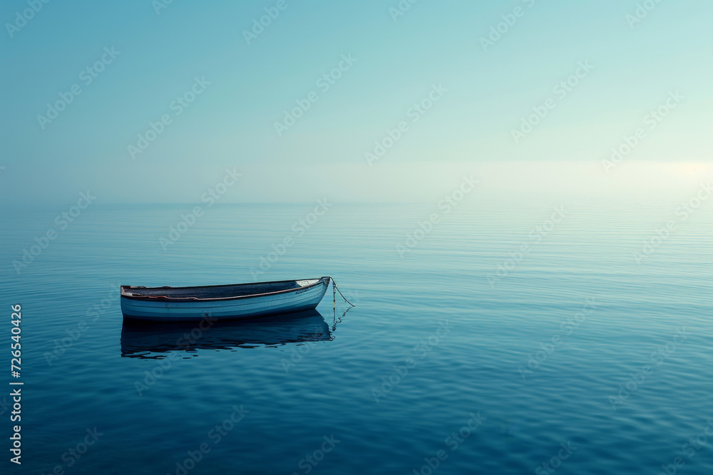 Lone Boat on Calm Blue Ocean Horizon
