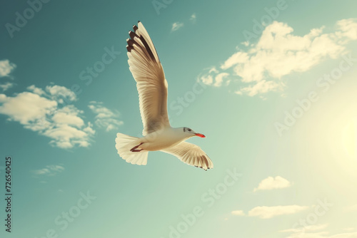 Seagull Flying in Sunlit Blue Sky 